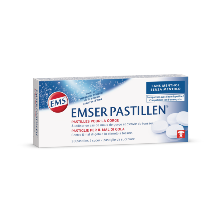 Pastilles Emser sans menthol, sans sucre, dans leur emballage d'origine